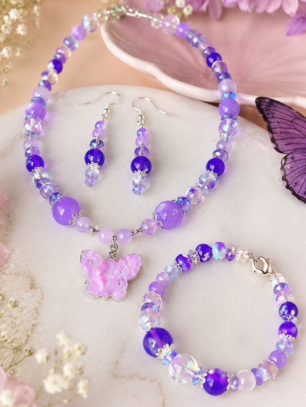 Lavender Jade & Amethyst Butterfly Set in Sterling Sliver & Crystal Moonstones